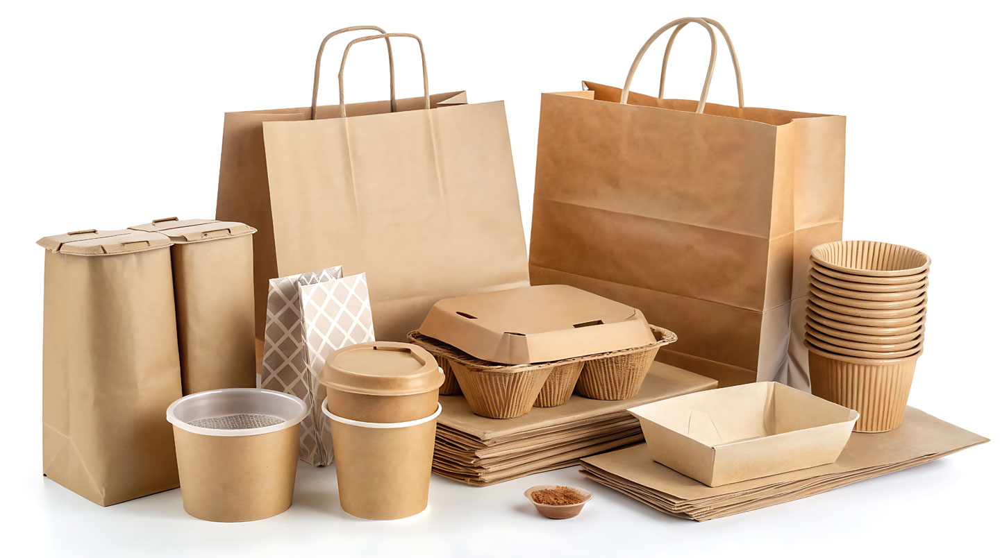 Livreur déposant des cartons d'emballages écologiques à l'arrière d'un restaurant, gérante vérifiant la commande