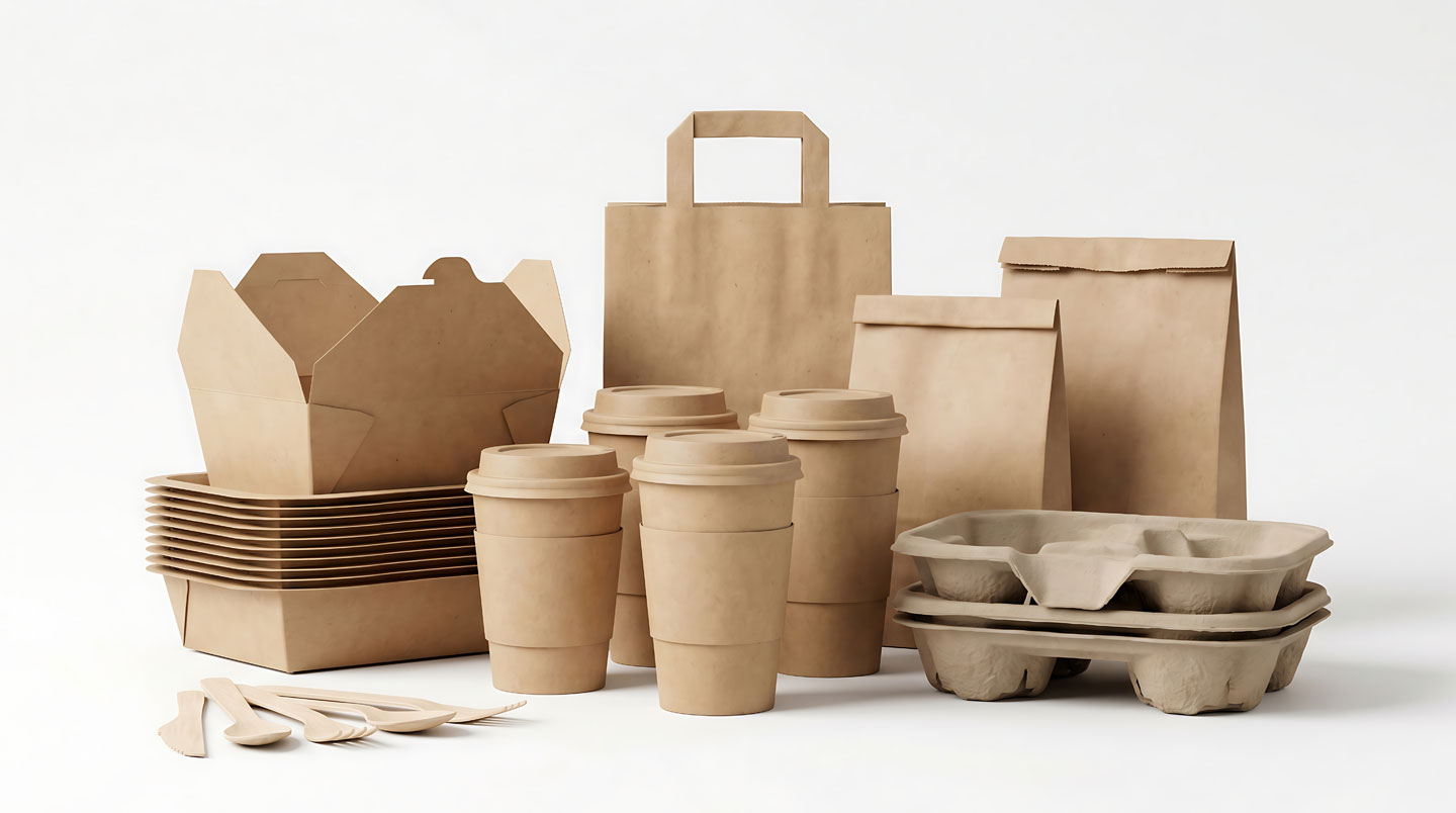 Assortiment de différents emballages écosystème table en bois : sacs kraft, barquettes bambou, film amidon de maïs